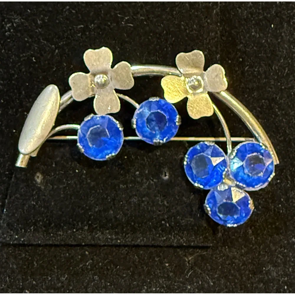 Vintage Sterling Silver Blue Rhinestone Floral Brooch Pin Mid Century Modern
